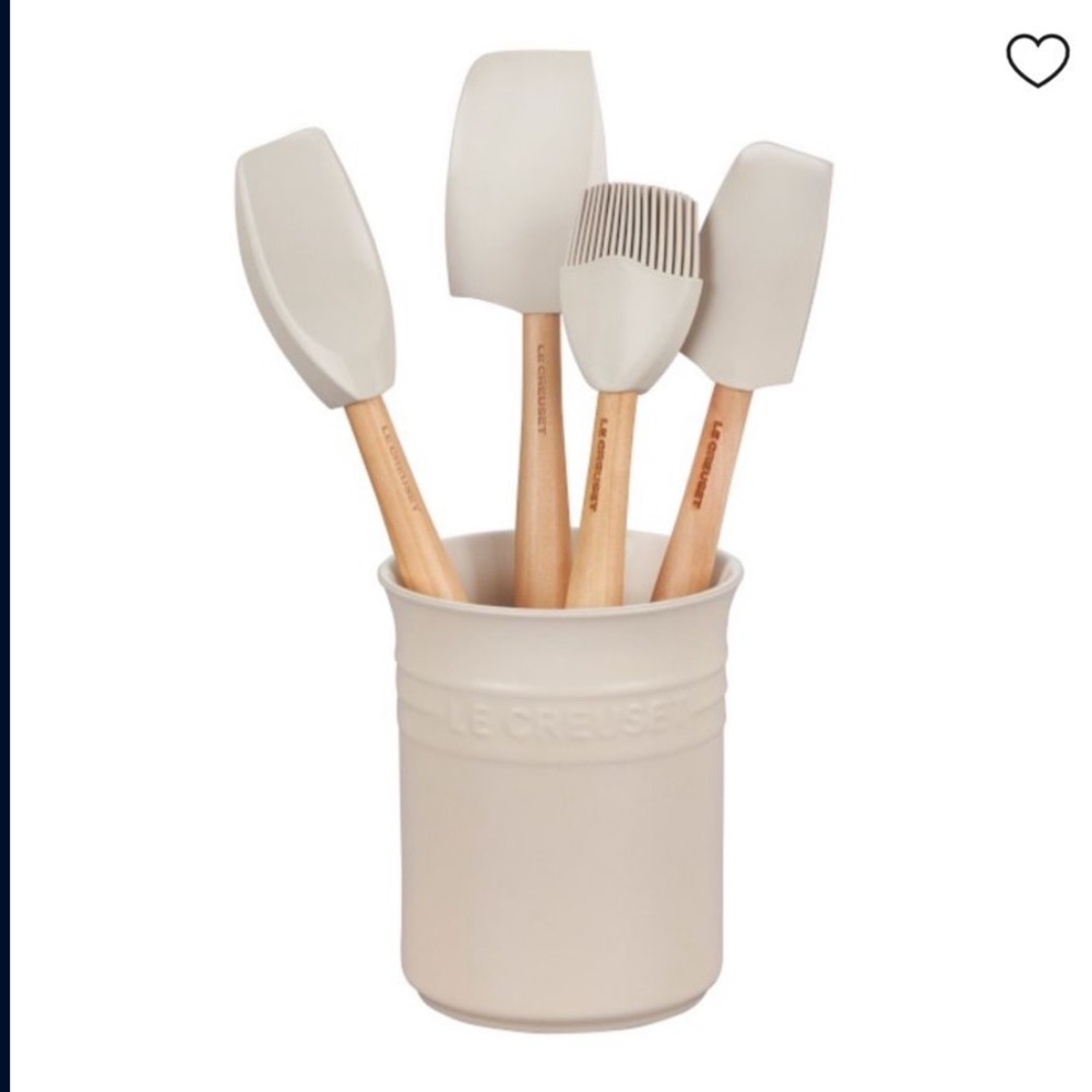 Le Creuset Cream Silicone Utensil Set with Bamboo Handles and Crock
